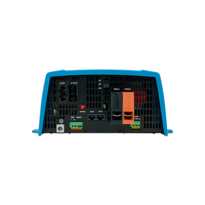 Back view of a power inverter with blue casing on a white background