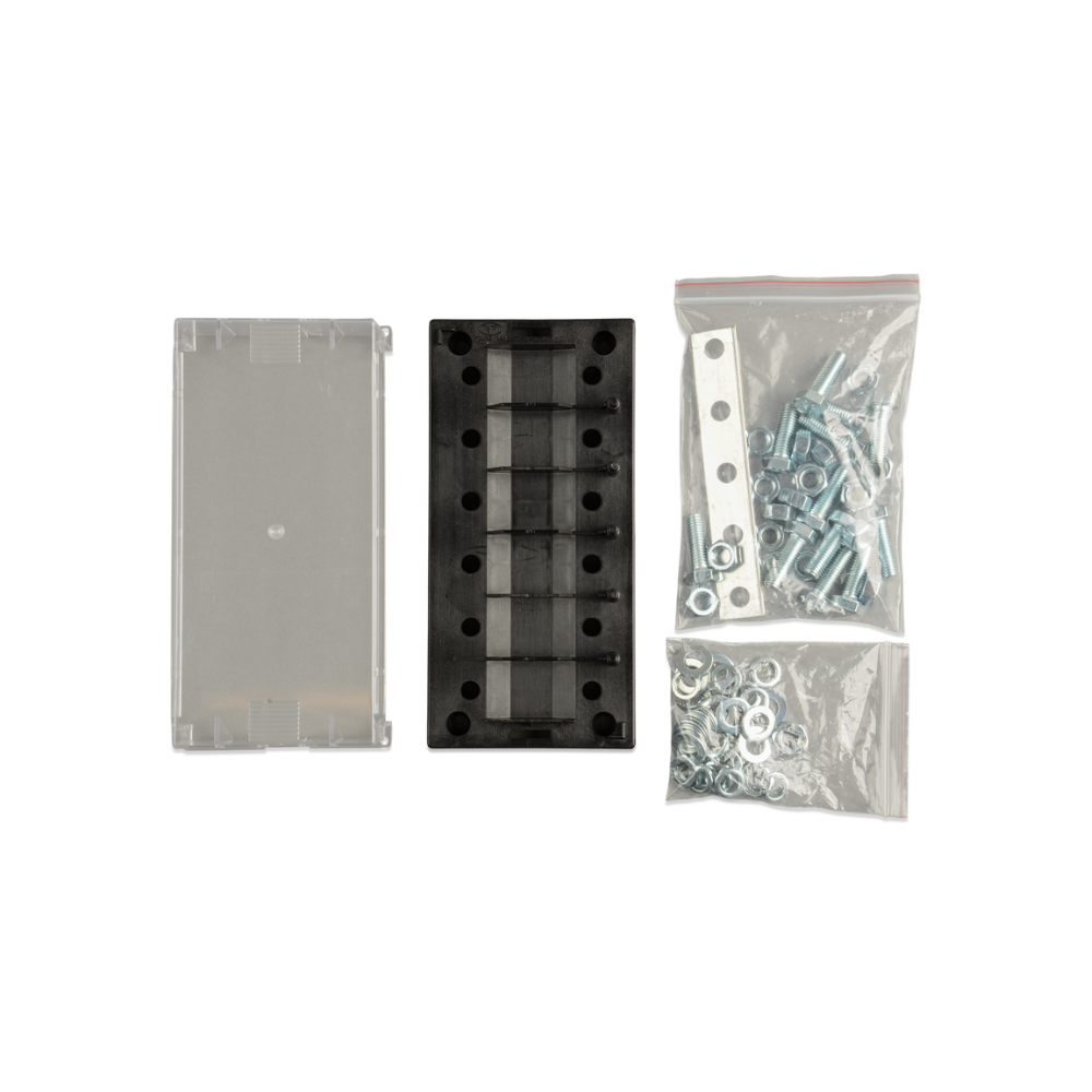 Set of mechanical components including a clear plastic bag with bolts, washers, and nuts on a white background.