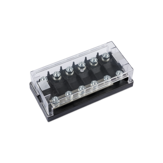 Black electrical fuse block with clear cover on a white background