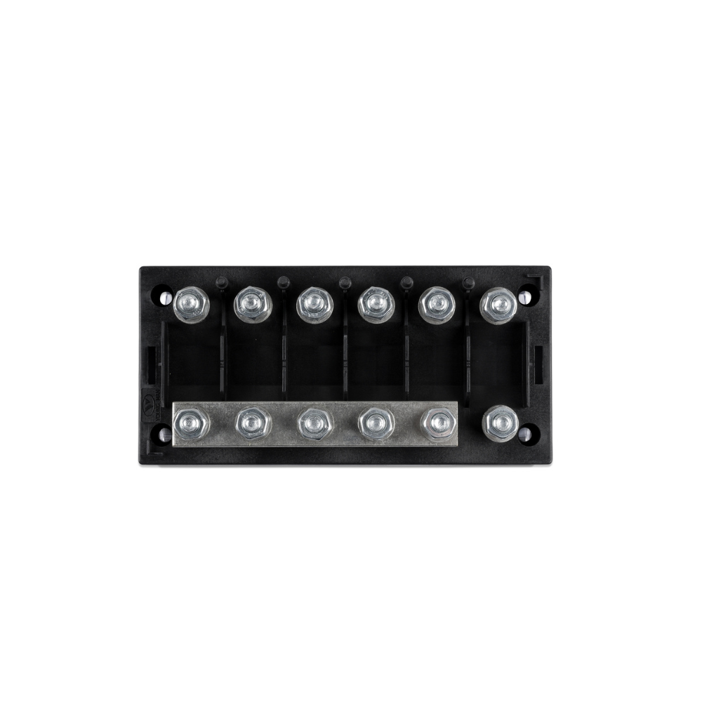 Black metal terminal block with multiple screws on a white background