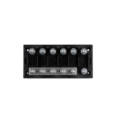 Black metal terminal block with multiple screws on a white background