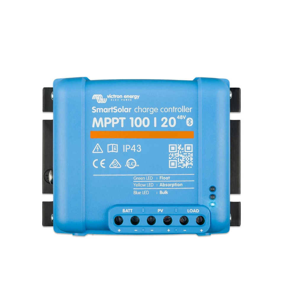 Blue charge controller with Victron Energy branding on a white background