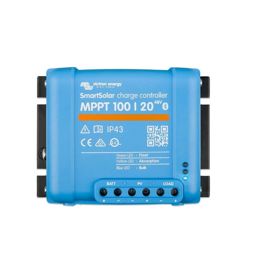 Blue charge controller with Victron Energy branding on a white background