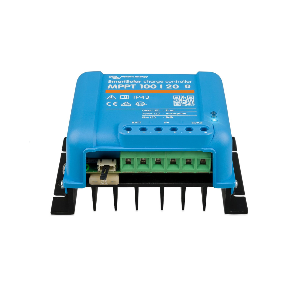 Blue solar charge controller with green connectors on a white background