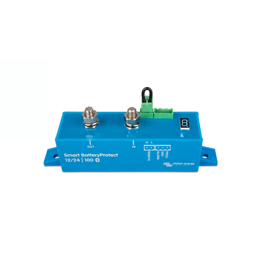 Blue electronic device labeled 'Smart BatteryProtect' on a white background