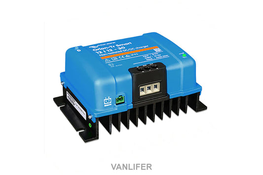 A blue Orion-Tr Smart DC-DC charger with a black surface and a power input and output connector visible.