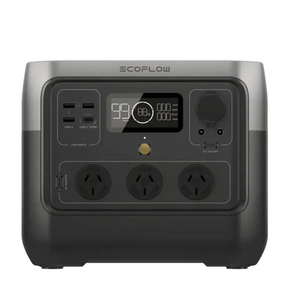 EcoFlow power station with multiple outlets and display on a white background
