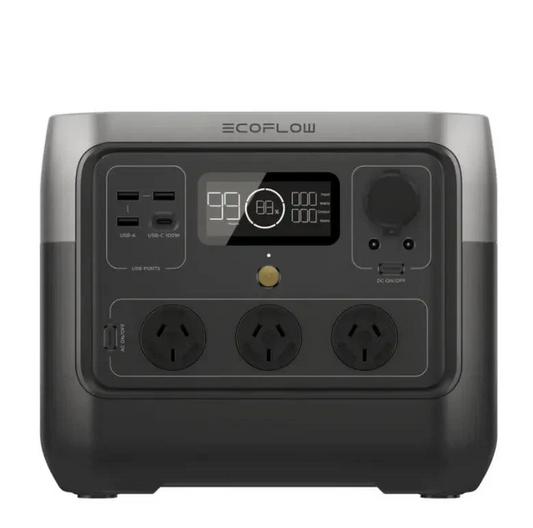 EcoFlow power station with multiple outlets and display on a white background