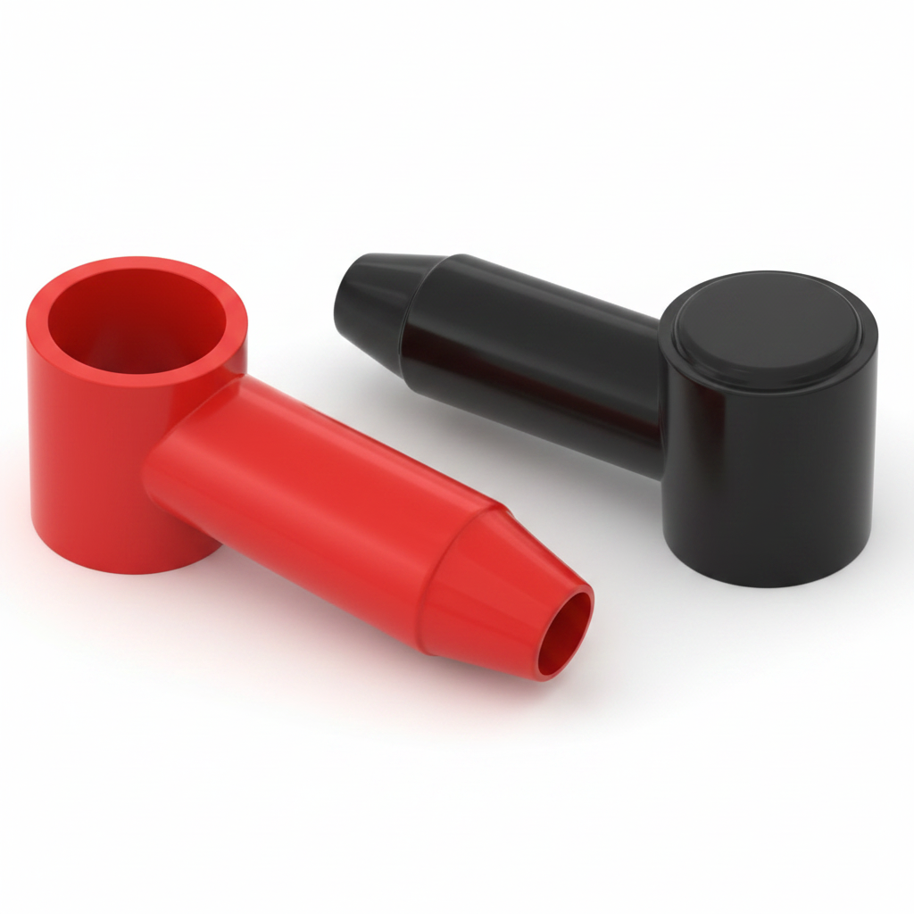 Red and black insulated battery terminal covers for 10 AWG to 4 AWG wire terminals and power junction block connections.