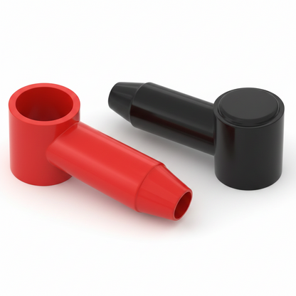 Red and black insulated battery terminal covers for 10 AWG to 4 AWG wire terminals and power junction block connections.