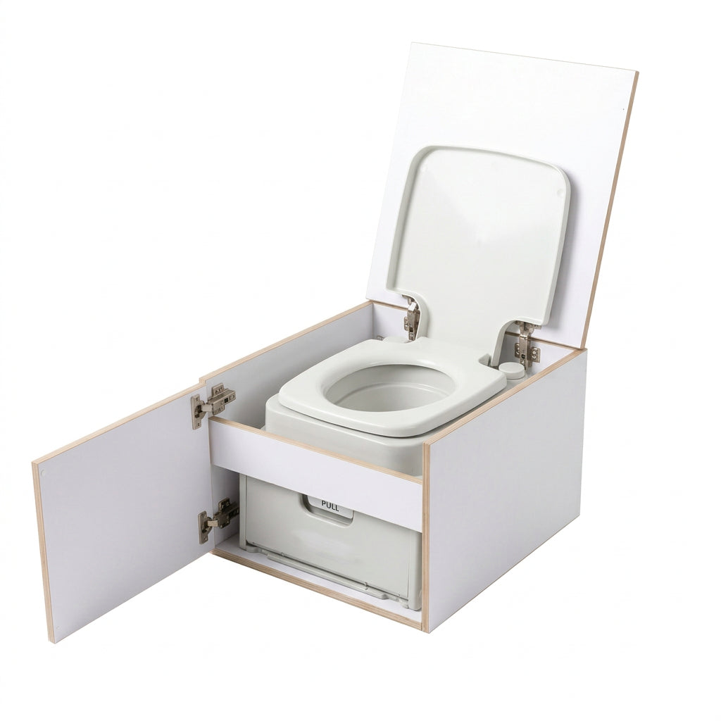 BlackMOA campervan toilet box with fixed cassette toilet, lift-up lid and front access cabinet