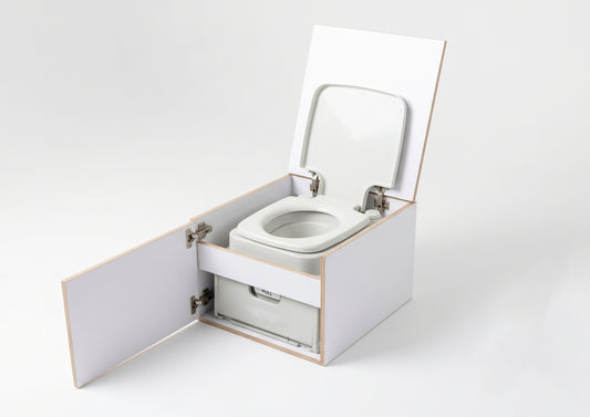 BlackMOA campervan toilet box with fixed cassette toilet, lift-up lid and front access cabinet