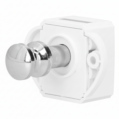 Chrome push button latch extended showing locking mechanism and white base