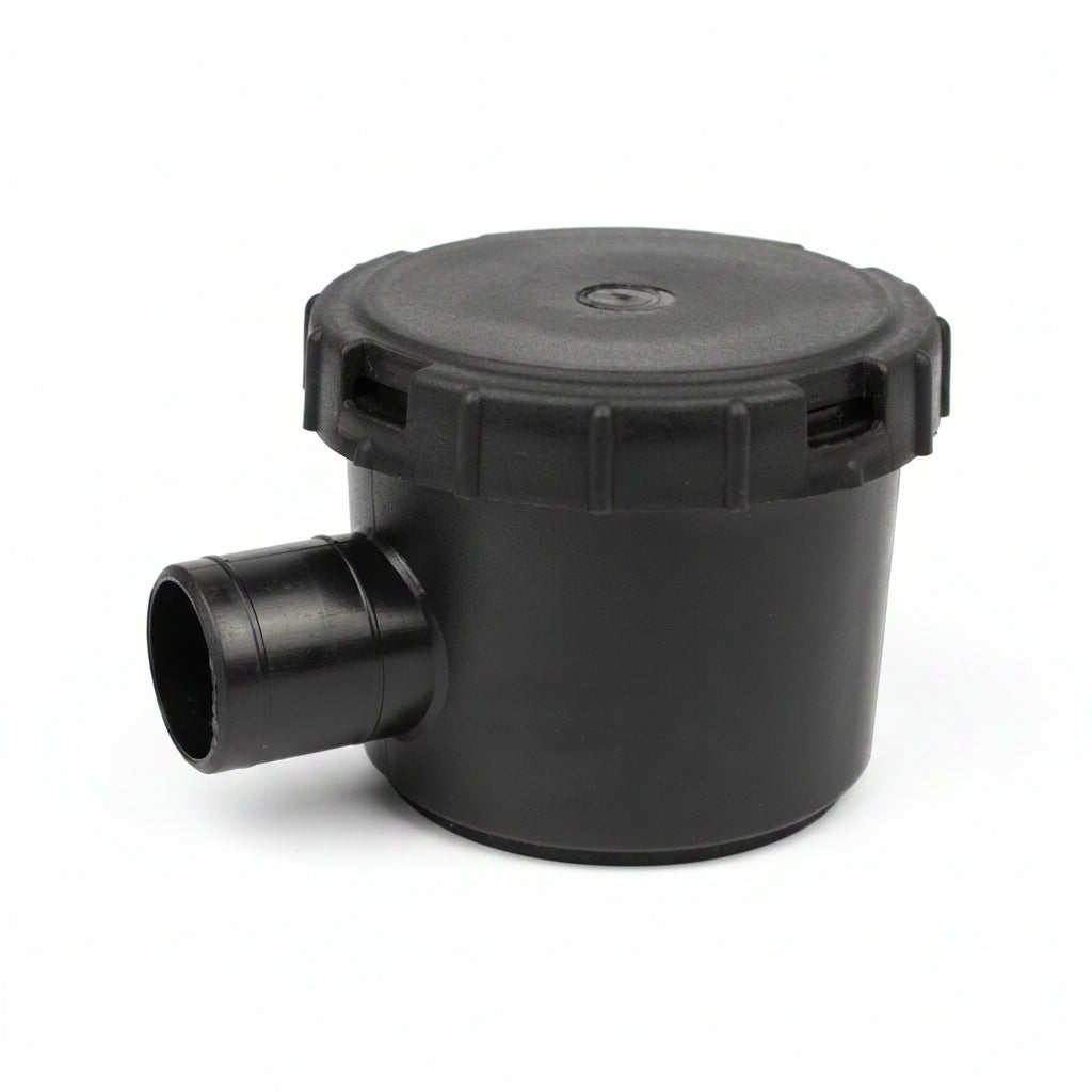Side view of campervan sink waste drain smell trap with hose outlet