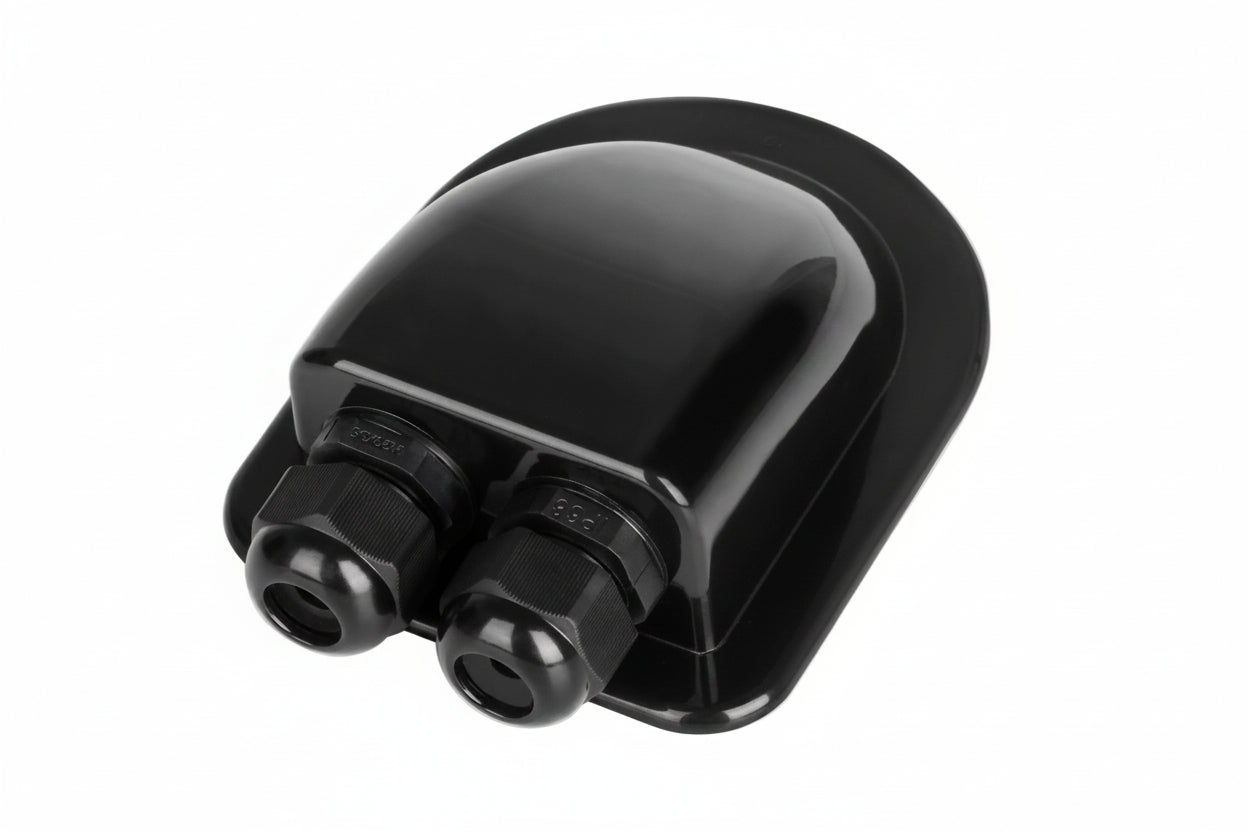 Black double solar cable entry gland with dual waterproof cable glands for campervan solar panel installations