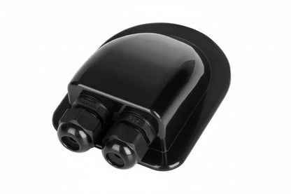 Black double solar cable entry gland with dual waterproof cable glands for campervan solar panel installations
