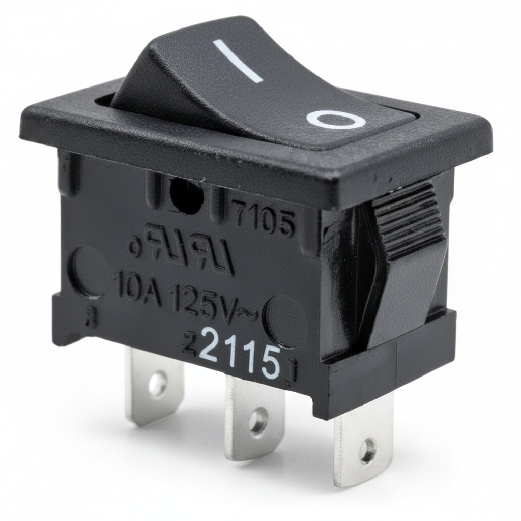 E-Switch RA1 Series black rocker switch with SPST Off-On function, IP54 rating, and snap-in panel mount