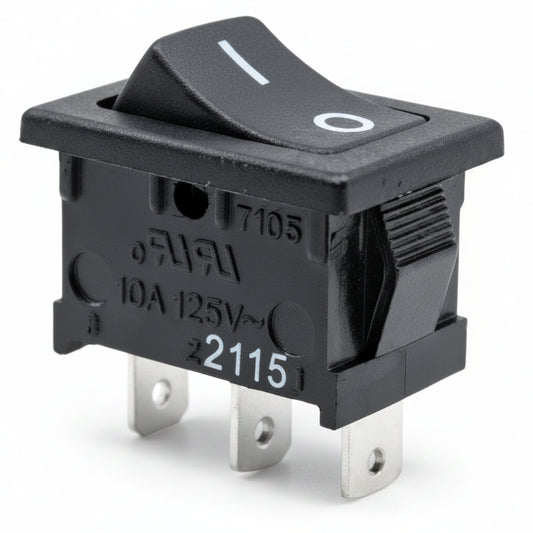 E-Switch RA1 Series black rocker switch with SPST Off-On function, IP54 rating, and snap-in panel mount