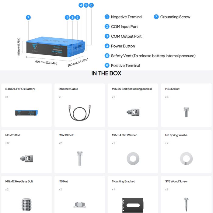 BLUETTI LiFePO4 Battery 51.2V 100Ah High Capacity Power Storage