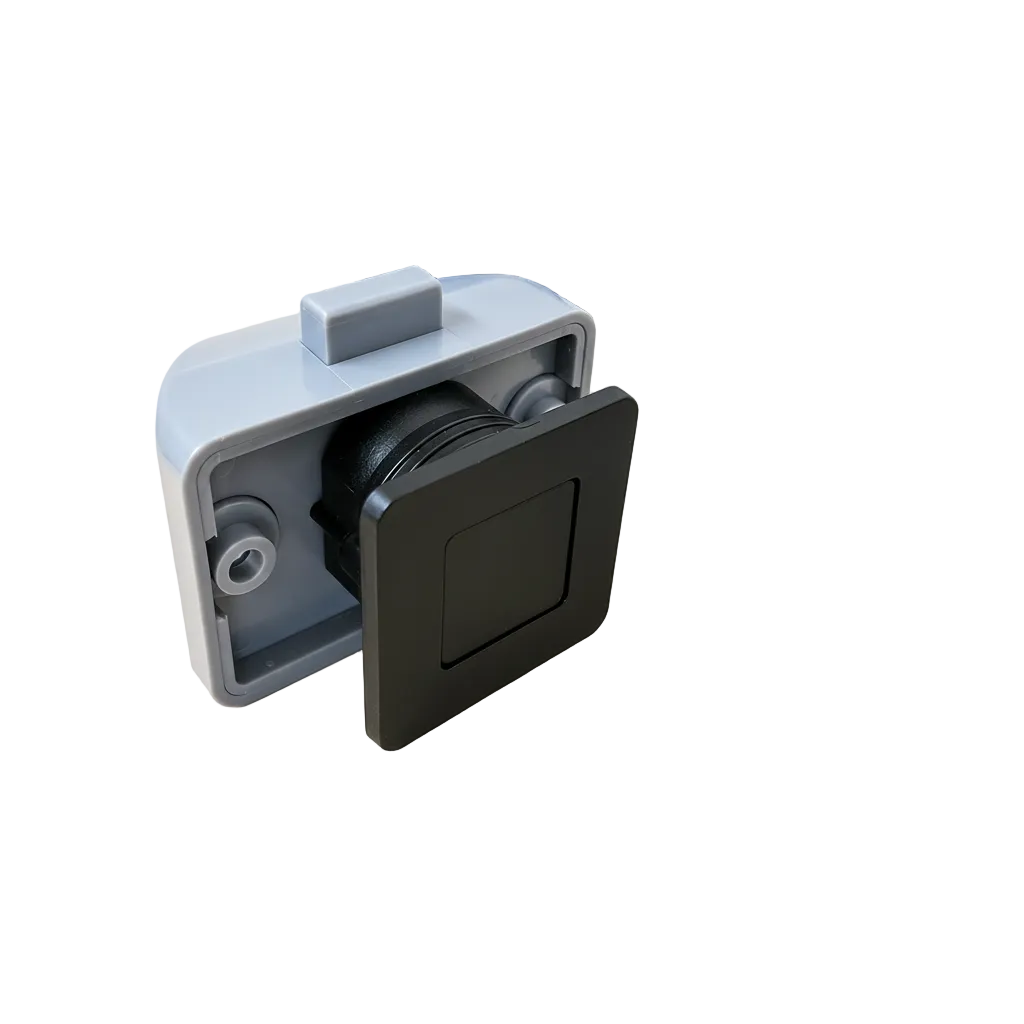 Components of a grey and black push button latch including lock body, striker plate, and mounting accessories