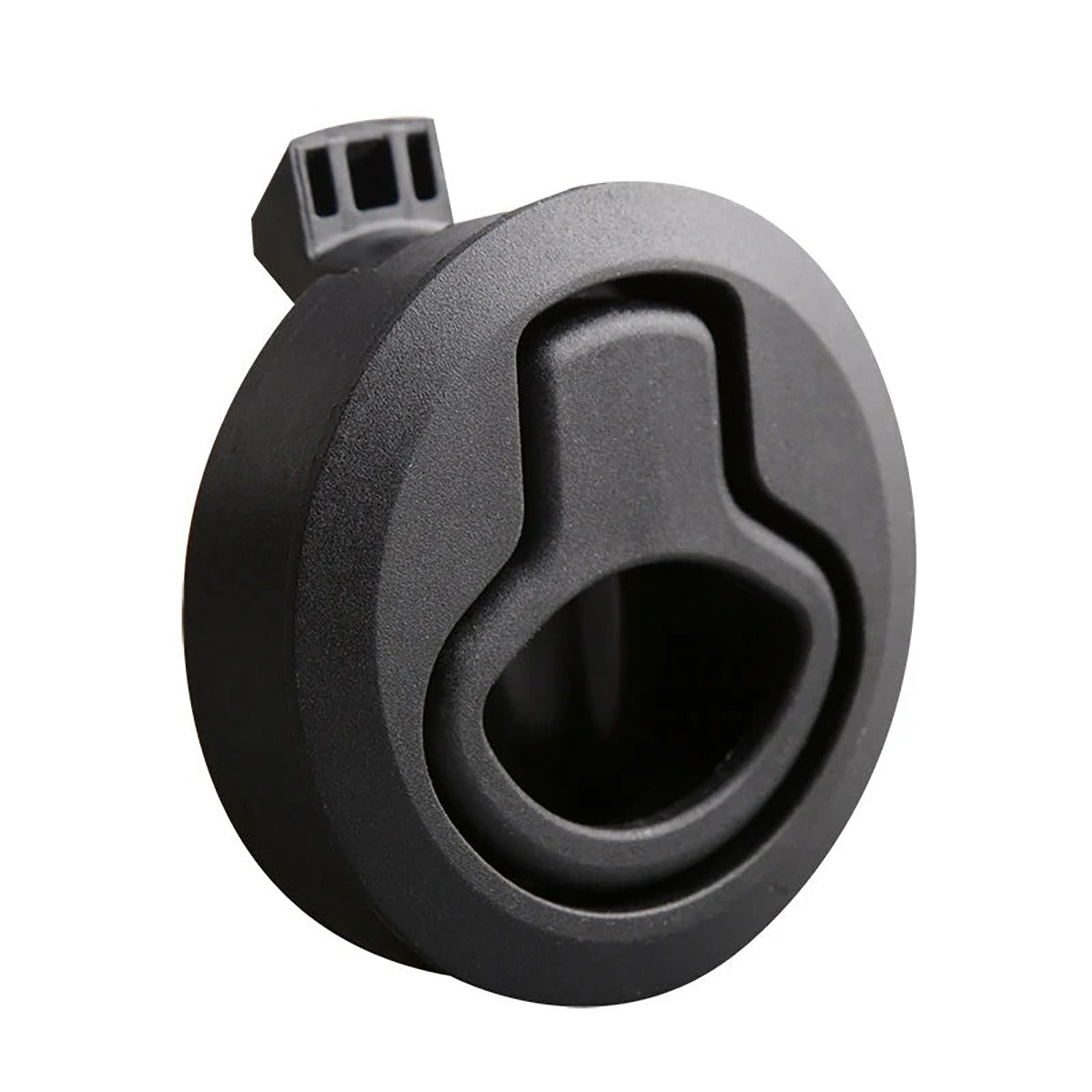 Angled view of black flush slam pull latch for campervan and caravan cabinetry