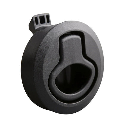 Angled view of black flush slam pull latch for campervan and caravan cabinetry
