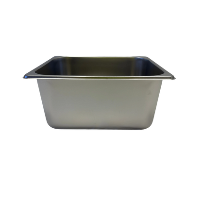 Stainless steel sink basin on a white background