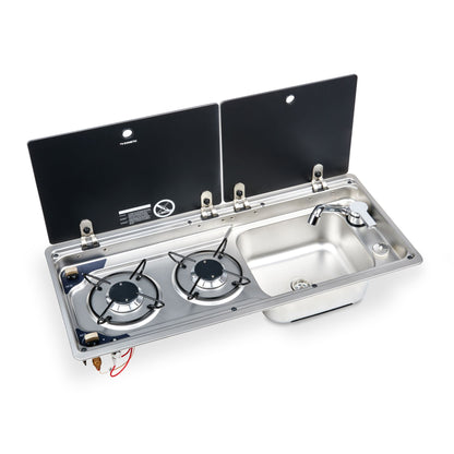 top-down view of 2-burner hob and sink for campervan conversion-open