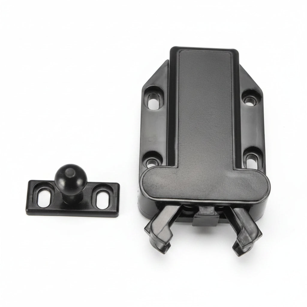 Front view of black inline panel latch lock for campervan and RV cabinet doors