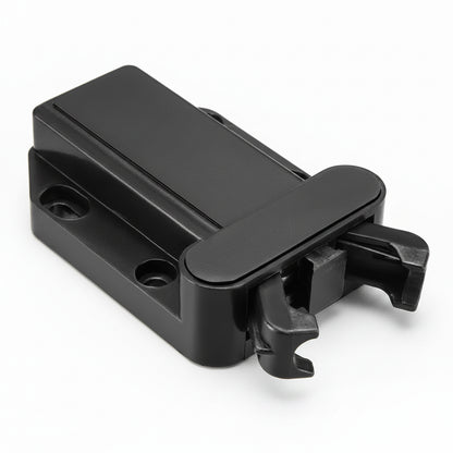 Side angle view of black inline panel latch lock for campervan and RV cabinet doors
