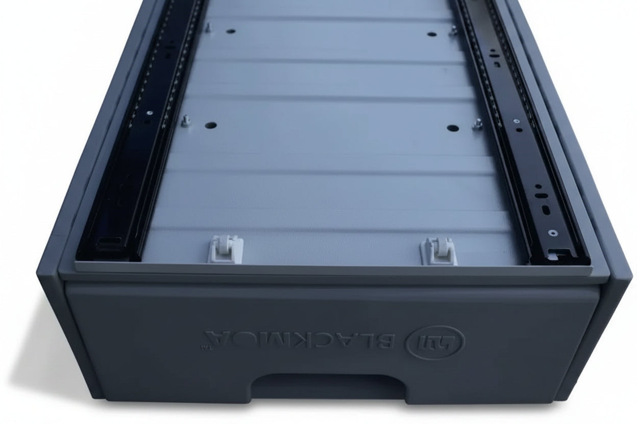 Installed front sliding heavy-duty slider rails for campervan storage system