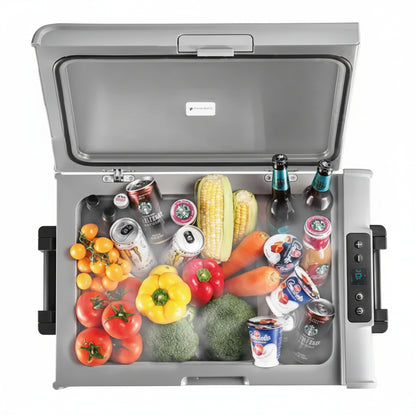 Portable cooler with food and drinks on a white background
