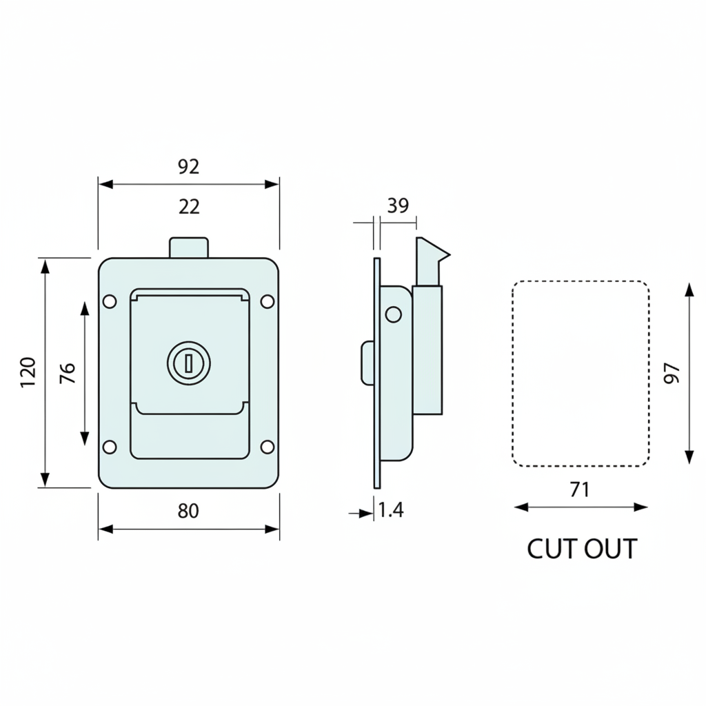 Installation drawing of locking cabinet paddle handle latch showing overall dimensions, side profile, mounting measurements, and required 71mm x 97mm panel cut-out size for campervan, caravan, and trailer cabinet doors.