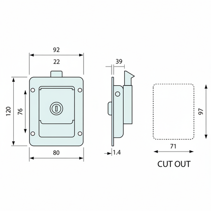 Installation drawing of locking cabinet paddle handle latch showing overall dimensions, side profile, mounting measurements, and required 71mm x 97mm panel cut-out size for campervan, caravan, and trailer cabinet doors.
