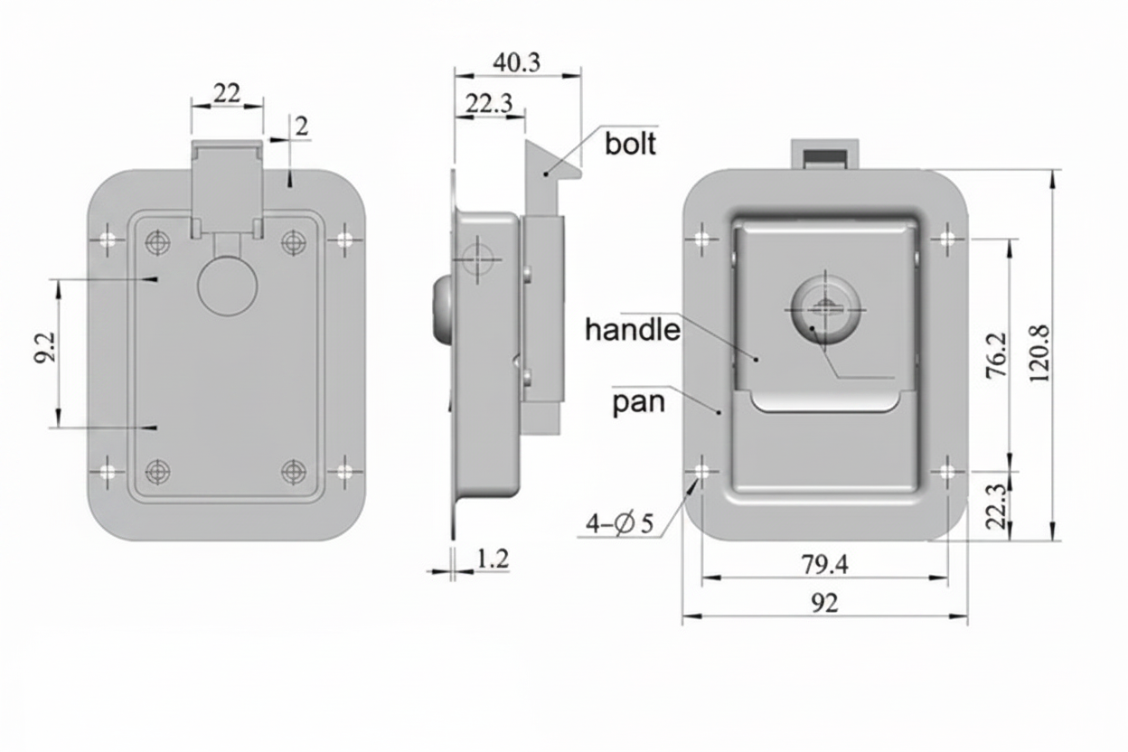 Technical dimensions drawing of black locking cabinet paddle handle latch showing overall size, mounting hole locations, cut-out dimensions, and latch depth measurements for campervan and caravan cabinet installation.