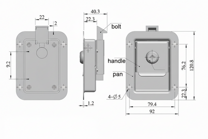 Technical dimensions drawing of black locking cabinet paddle handle latch showing overall size, mounting hole locations, cut-out dimensions, and latch depth measurements for campervan and caravan cabinet installation.