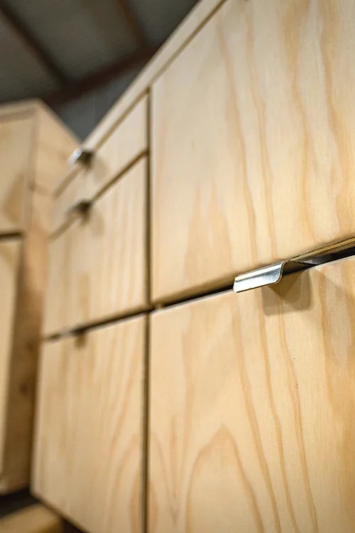 Stainless steel finger pull drawer latch van build cabinet
