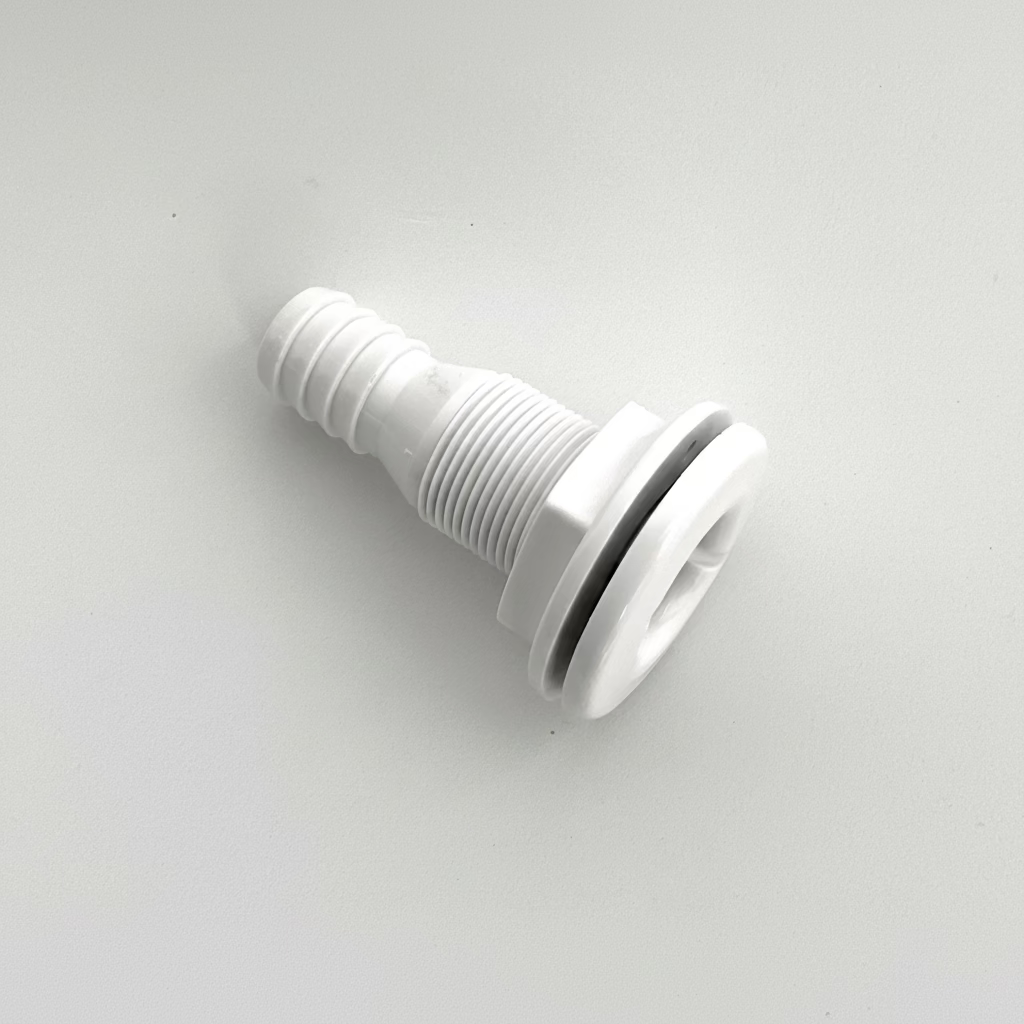 Angled view of white male tank fitting for fresh water and waste tank plumbing systems.