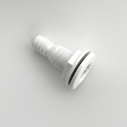 Angled view of white male tank fitting for fresh water and waste tank plumbing systems.