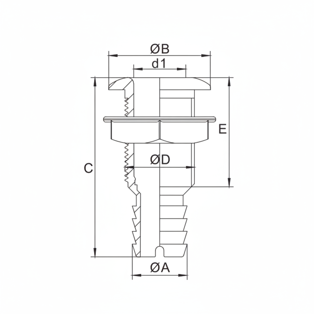 Technical drawing showing dimensions and measurements of the white male tank fitting.