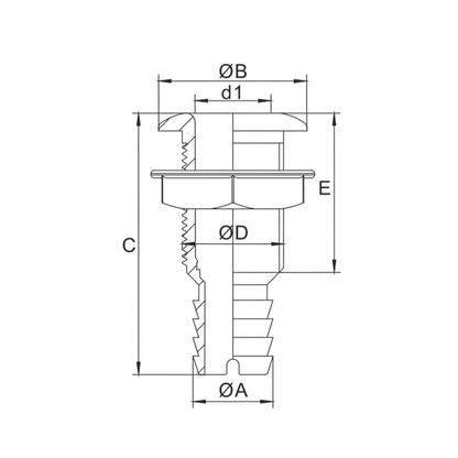 Technical drawing showing dimensions and measurements of the white male tank fitting.