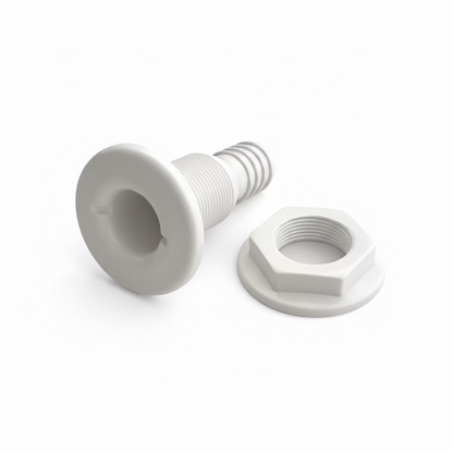 White male tank fitting with lock nut for campervan, caravan and marine water tank installations.