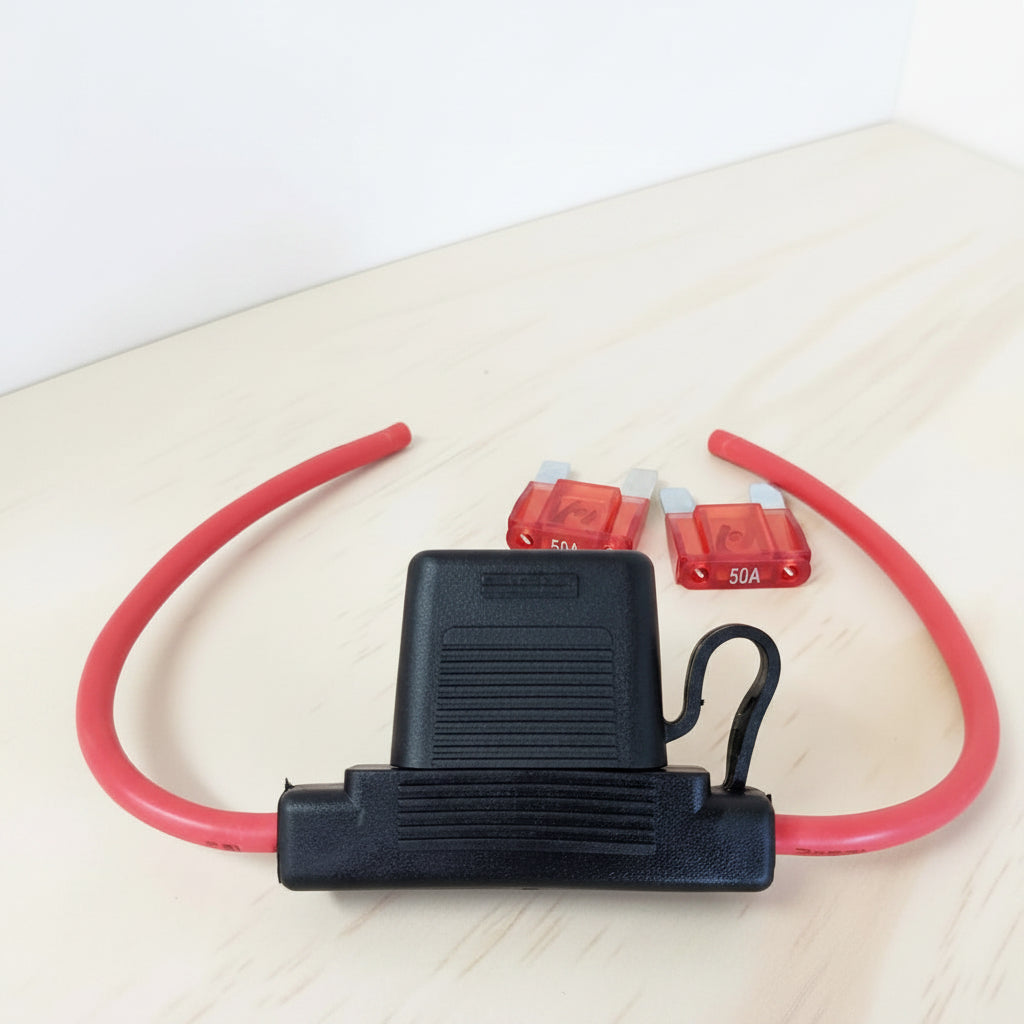 Installed Maxi Blade fuse holder with 8AWG cable in a 12V electrical setup