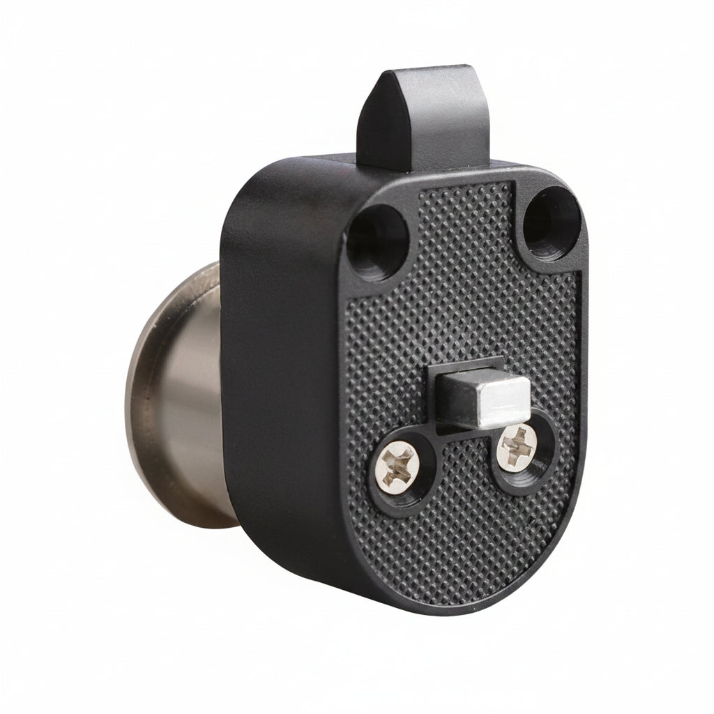 Chrome mini push button latch rear mounting view for campervan furniture