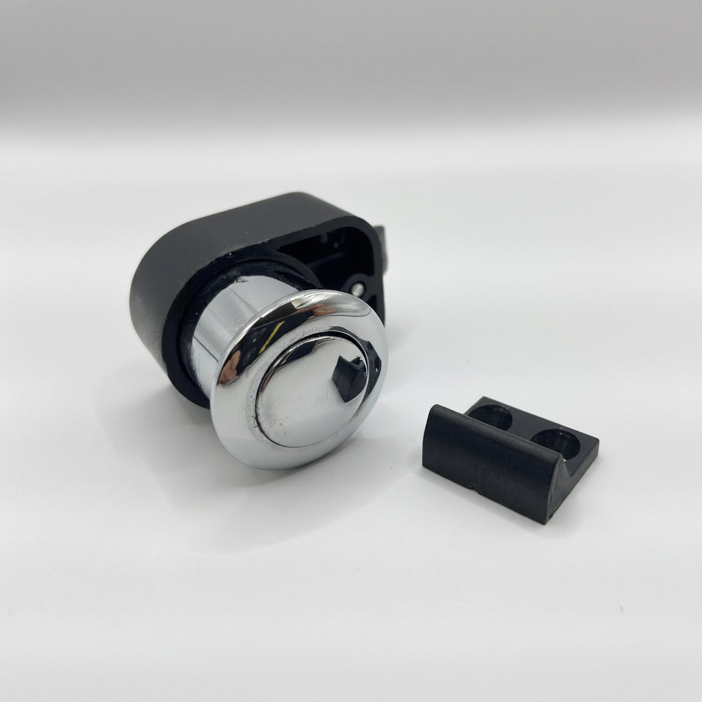 Mini chrome push button latch shown in unlocked open position