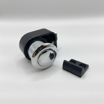 Mini chrome push button latch shown in unlocked open position