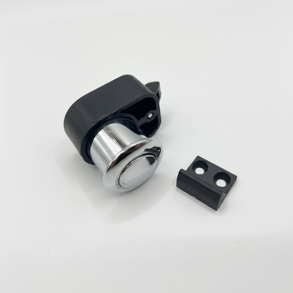 Mini chrome push button latch shown in unlocked open position