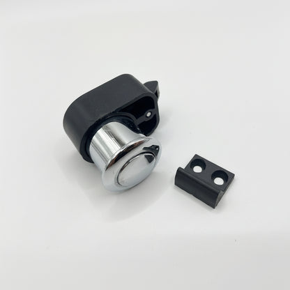 Mini chrome push button latch shown in unlocked open position