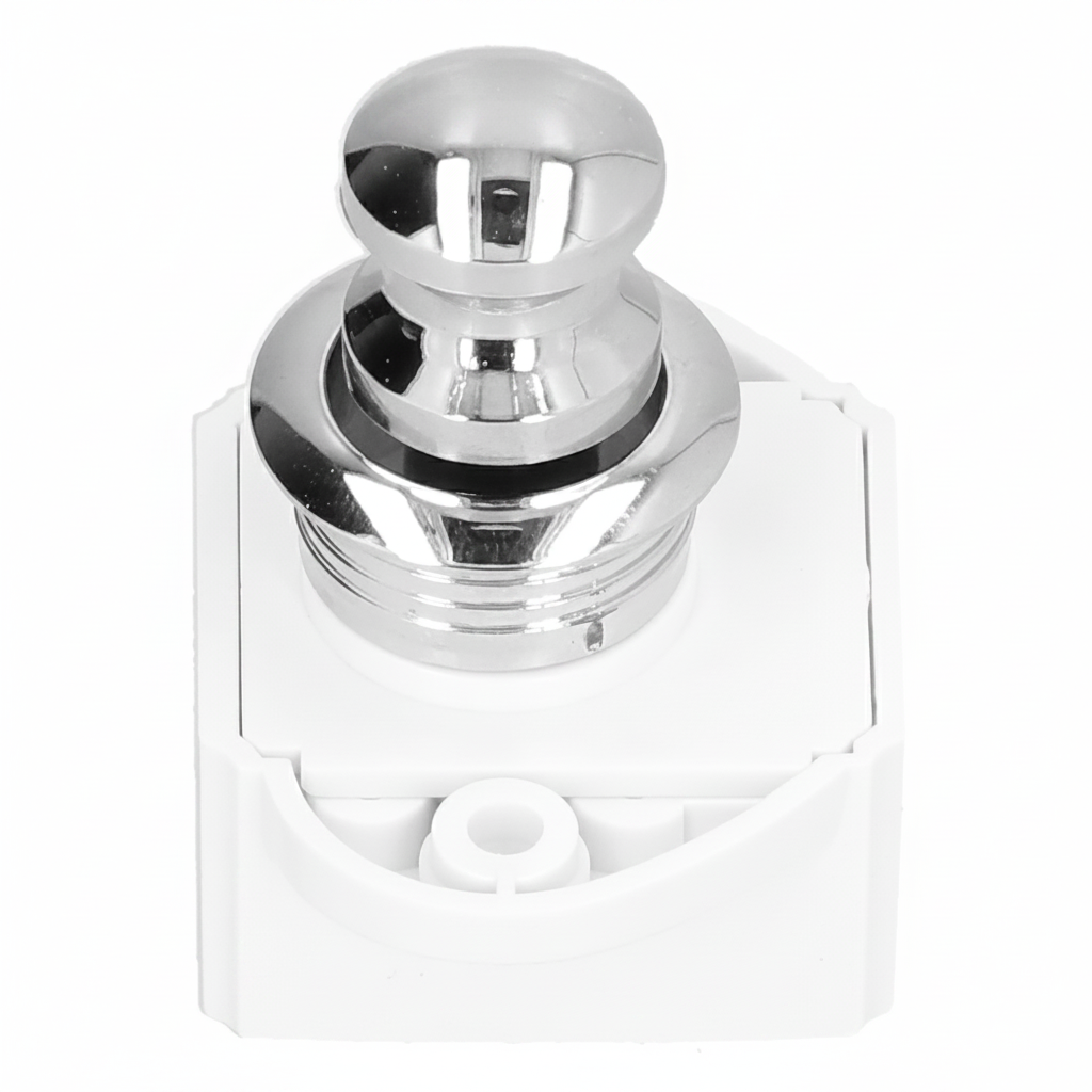 Front angle view of chrome push button cabinet latch with white mounting base