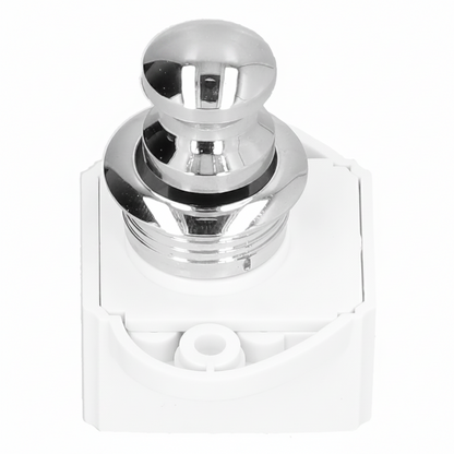 Front angle view of chrome push button cabinet latch with white mounting base